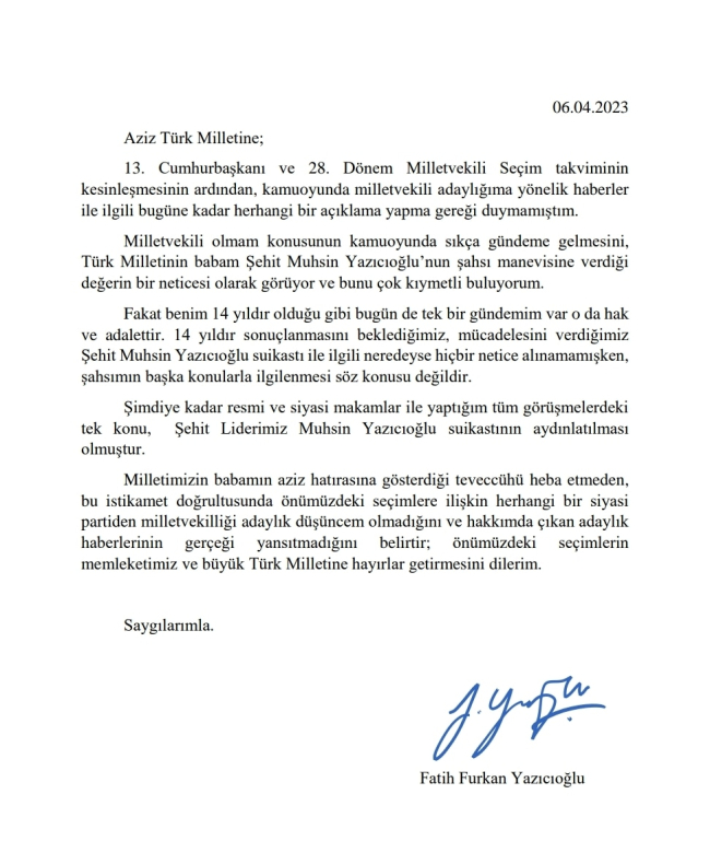 Fatih Furkan Yazıcıoğlu aday olmuyor