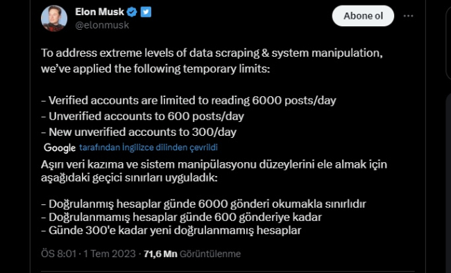 Twitter’a günlük kullanım limiti geldi: Mavi tiki olmayan günde 600 tweet görüntüleyebilecek