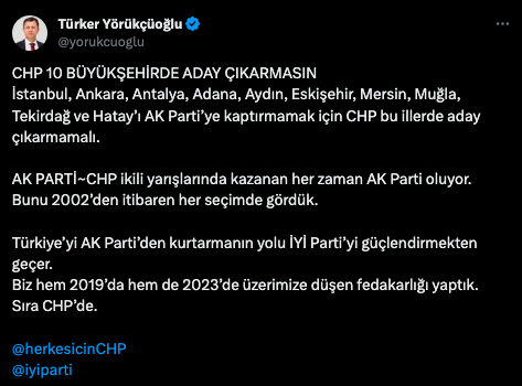 İYİ Parti’den CHP’ye 10 büyükşehir teklifi: Aday çıkarmayın
