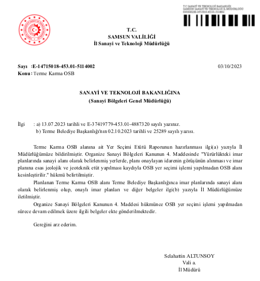 Dosya bakanlıkta… Terme Karma OSB için son adımlar