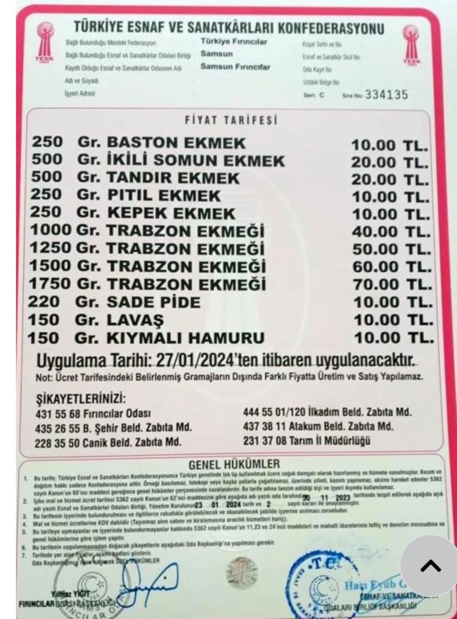 Enflasyon fırıncıyı da vurdu… Samsun’da ekmeğe zam…