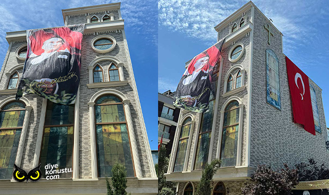 Kilise pastöründen 19 Mayıs kutlaması… Dış cepheye Atatürk posteri ve Türk Bayrağı astı…