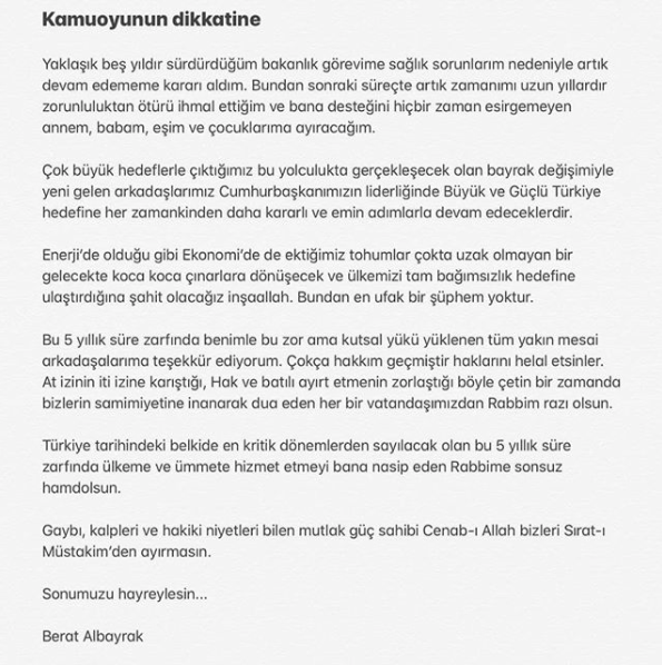 Iste Berat Albayrakin Istifa Nedeni Png