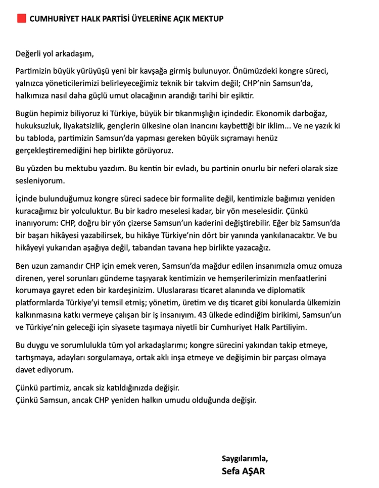 CHP’li Sefa Aşar’dan örgüte açık mesaj: Özeleştiri yaptı, davette bulundu 2 CHPli Sefa Asardan uyelere acik mektup