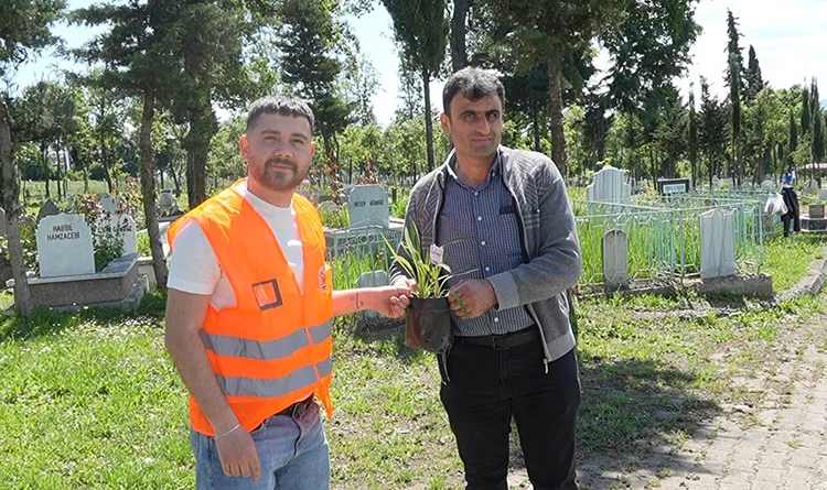 Atakum Belediyesi arefe günü mezarlıklarda çiçek fidesi dağıttı
