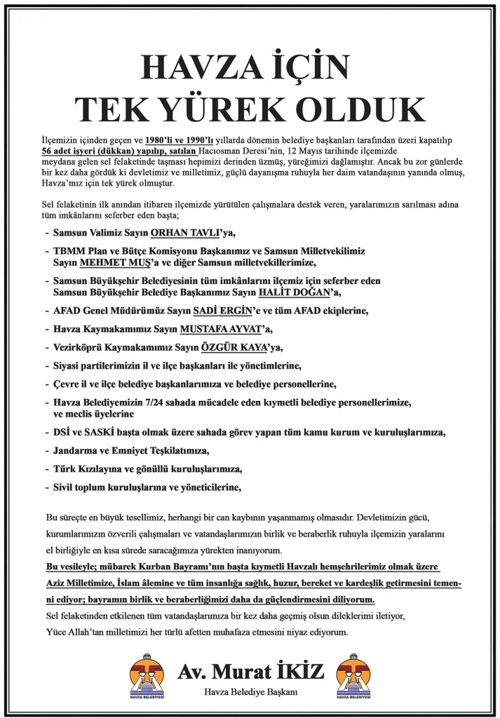 Başkan Murat İkiz'den afet sonrası dayanışma teşekkürü: Havza için tek yürek olduk Başkan Murat İkiz'den afet sonrası dayanışma teşekkürü: Havza için tek yürek olduk